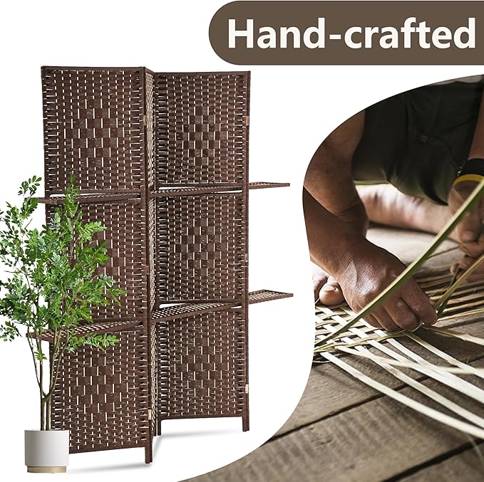 PayLessHere Room Divider 4 Panel Room Screen Divider Wooden Screen Folding Portable Partition Screen Wood with Removable Storage Shelves Color, Brown-Ruum Studio Home