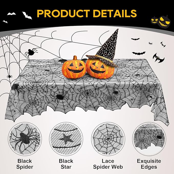 eZAKKA Halloween Table Cloth, 54" x 72" Spider Webs Tablecloths Black Tablecloth Lace Fabric Table Cloths Spooky Cover-Ruum Studio Home