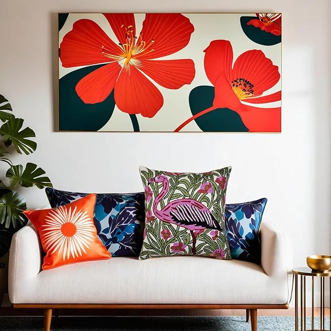 William Morris Flamingo Floral Pillow Cover - Hand Embroidered Modern Flower Pillowcase, Outdoor Cushion, Suzani Farmhouse Chair Throw, Couch Cushions - Wool, Size 18x18-Ruum Studio Home