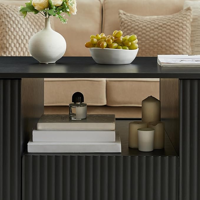 46.5" Oval Coffee Table with Drawers and Storage Mid Century Modern Fluted Solid Wood Side Coffee Tables, Luxury Tea Table Center Table for Living Rooms Offices Apartmen, Black-Ruum Studio Home