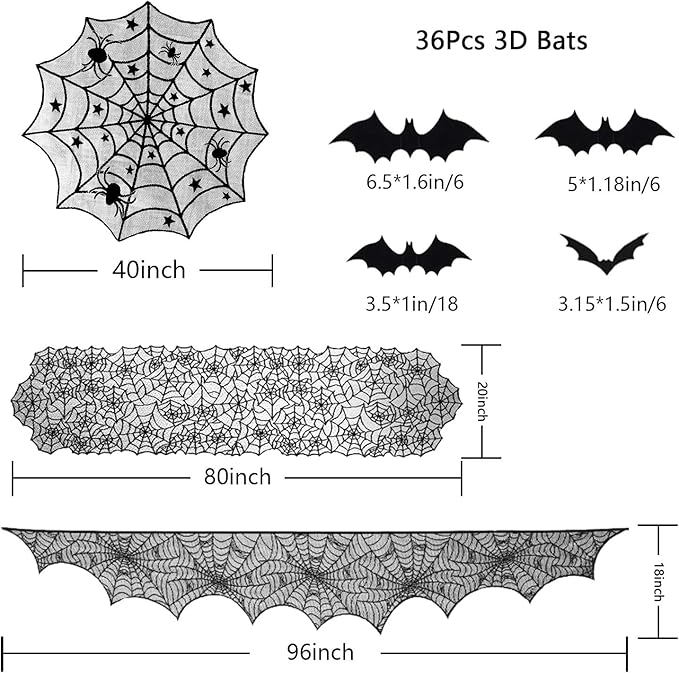 ZeeDix 39 Pcs Halloween Decorations Kit Black Lace Spiderweb Round Tablecloth Table Runner, Giant Spider Cobweb Fireplace Scarf with 36PCS Scary 3D Bats Wall Stickers for Halloween Party Decor-Ruum Studio Home