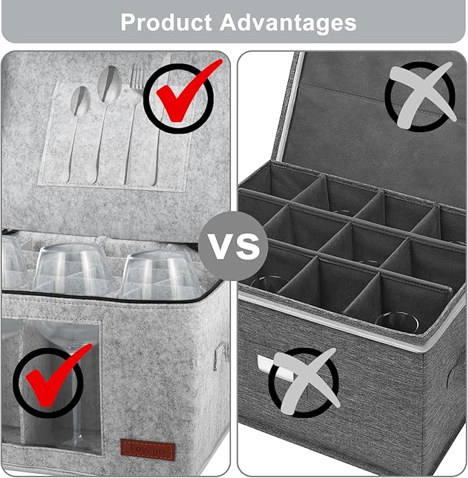 2 Pack Wine Glass Storage Box with Dividers, Stemware Storage Containers for Packing and Moving, China Storage Containers Box for 12 Crystal Glassware, Wine Glasses, Drinkware,Light Gray-Ruum Studio Home
