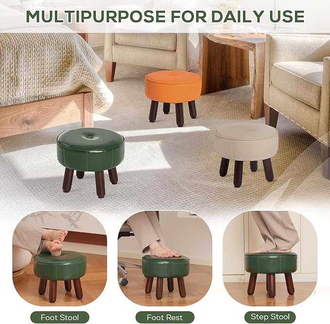 13in Small Foot Stool Ottoman, Round Faux Leather Foot Rest for Couch, Under Desk Pouf Footstool Footrest with Non-Skid Rubber Legs for Ling Room, Bedroom, 13''L x 13''W x 10.2''H, Green-Ruum Studio Home