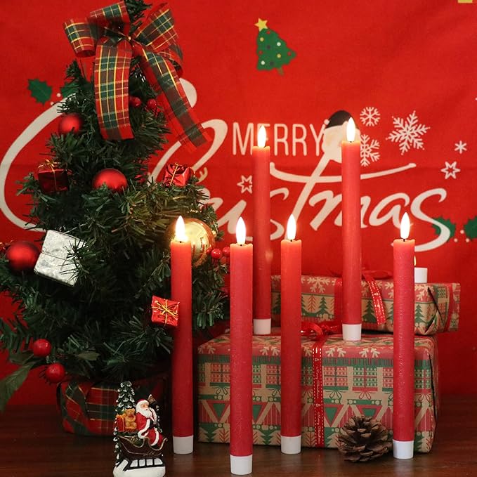 GenSwin Flameless Red Taper Candles Flickering with 10-Key Remote, Battery Operated Led Warm 3D Wick Light Window Candles Real Wax Pack of 6, Christmas Home Wedding Decor(0.78 X 9.64 Inch)-Ruum Studio Home