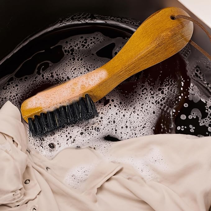 TAKAVU Stain Brush, Laundry Brush for Stain Removal, Natural Black Boar Bristle Cleaning Brush with Ergonomic Handle, Suitable for Delicate Fabrics Without Damage, Perfect Laundry, Shoes, Boots, Home-Ruum Studio Home