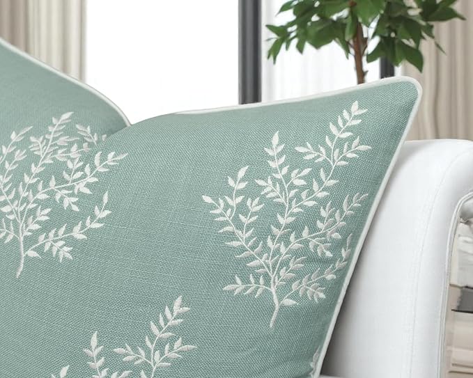 VAGMINE Embroidered Leaves Throw Pillow Cover - 18x18 Inches Square - 100% Cotton Light Teal Decorative Cushion Cover - Elegant Embroidery Pattern - Coastal Home Accent for Sofa, Bed, Living Room-Ruum Studio Home