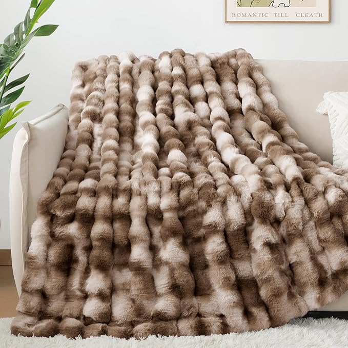 Touchat Luxury 1000GSM Rabbit Faux Fur Blanket, Super Heavy Warm Cozy Brown Blankets for Couch Bed Sofa, Ruched Plush Fuzzy Elegant Soft Reversible Mink Blanket for Living Room Bedroom, 60" x 80"-Ruum Studio Home