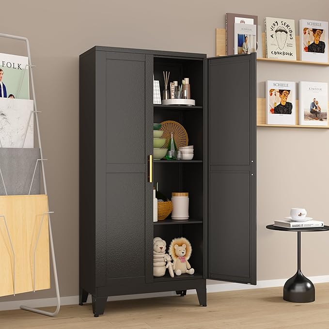Metal Pantry Cabinet with 2 Doors and Adjustable Shelves, Kitchen Storage cabinets with Gold Handles, Versatile Storage for Laundry Room,Living Room,Bathroom,Dinning Room-Black-Ruum Studio Home