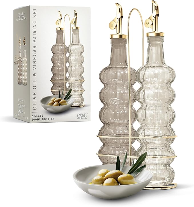 COOK WITH COLOR Glass Olive Oil Bottle Dispenser - 2 Pack- 17oz Oil and Vinegar Cruet - Olive Oil Carafe Decanter for Kitchen-Ruum Studio Home