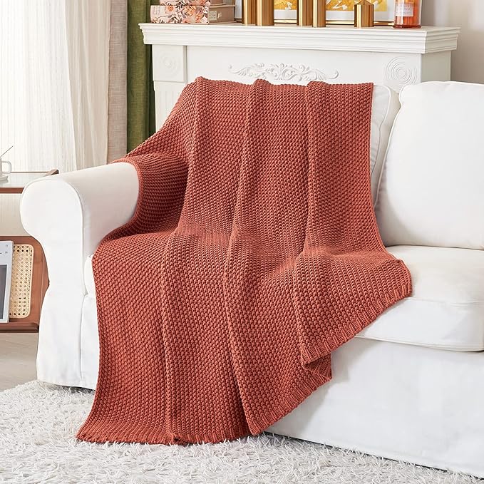 Longhui bedding Chunky Cable Knit Throw Blanket Lightweight Rust 100% Organic Cotton Blanket for Sofa Couch Bed Baby Nursery, Rustic Shabby Chic Modern Farmhouse, 51” x 63” Give Laundering Bag-Ruum Studio Home
