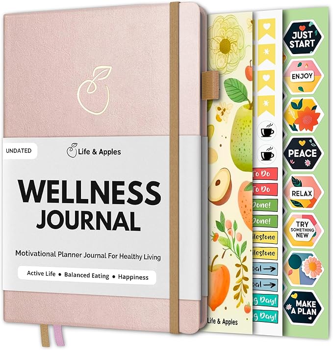 Life & Apples Wellness Journal Planner – Food Log, Fitness Tracker, Habit Tracker, Weight Loss Journal for Diet Tracking and Health Goals, Undated, Size A5 Rose Gold-Ruum Studio Home