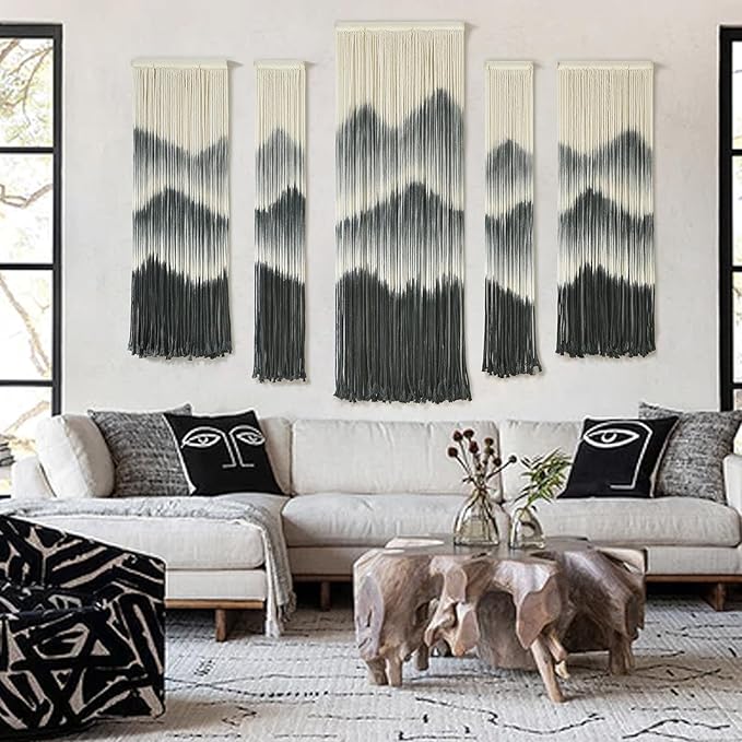 IOWER Large Macrame Wall Hanging 5Pcs Handmade Dip-Dyed Mountain Wall Decor Combination Suspension Bedroom Living Room Modern Fiber Yarn Wall Art-Ruum Studio Home