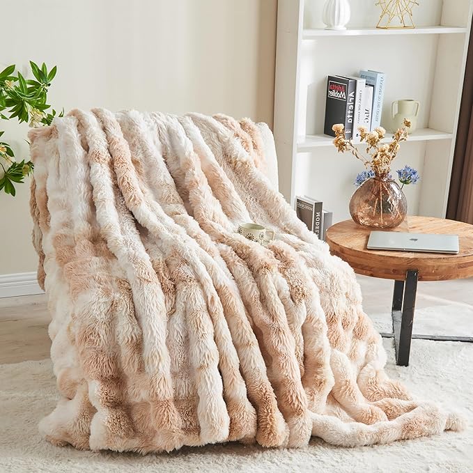 RYNGHIPY Faux Rabbit Fur Bed Throws Fluffy Warm Throw Blanket for Sofa Couch Soft Plush Decorative Blanket Thick and Heavy Cute Bubble Furry Blanket (Light Tan, 51''x63'')-Ruum Studio Home