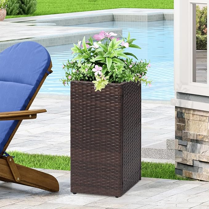 SUNNYPARK 2 Pack Tall Planters for Outdoor Plants Rattan Modern Tall Square Planter Box with Removable Liners Indoor Outdoor Porch Patio Flower Pot (12’’ x 12’’ x 24’’)-Ruum Studio Home