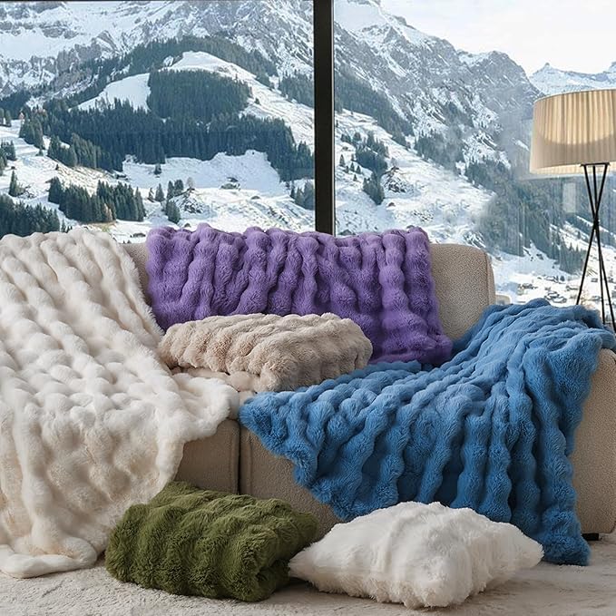 Lotus Karen Faux Fur Throw Blanket Purple - Big Bubble Rabbit Fluff King Blankets for The Bed,Softest Fluffy Fuzzy Cozy Blanket,Thick Furry Plush Shaggy Warm Blankets for Women,108x90 Inches-Ruum Studio Home