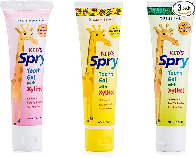 Spry Natural Xylitol Toothpaste for Baby, Toddler, Kids Age 3 Months Up - Fluoride Free Tooth Gel, Support Development of Emerging Teeth, Strawberry Banana, Bubblegum, Original, 2 Fl Oz (Pack of 3)-Ruum Studio Home