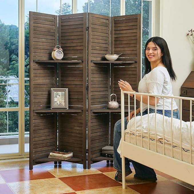 Partition Room Dividers, 67 * 51inch Folding Wood Privacy Screen with Three Display Shelves Suitable for Home Office, Study, Art Display - 4 Panel (Brown)-Ruum Studio Home