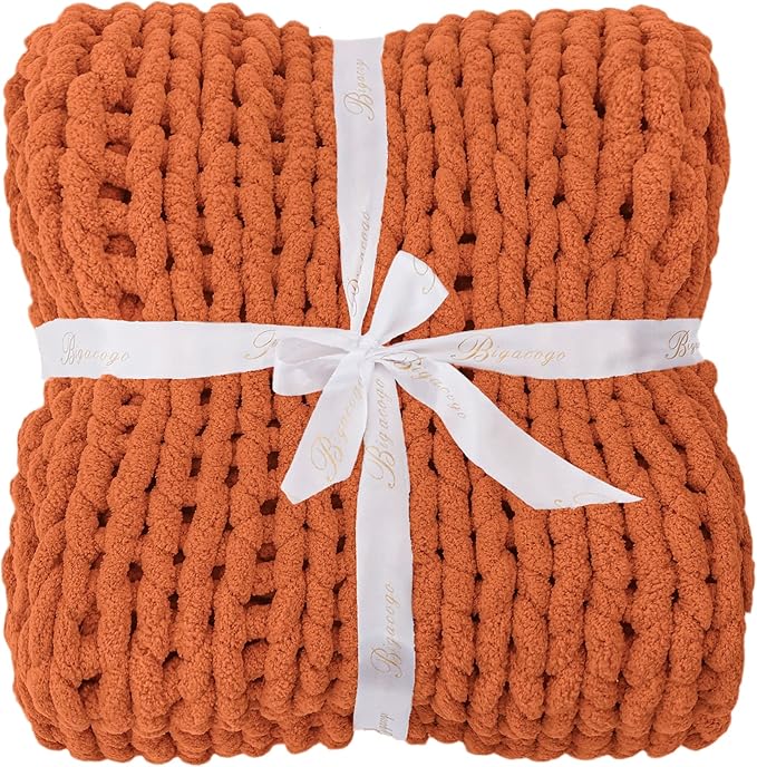 Bigacogo Chunky Knit Throw Blanket for Couch, 40x40 inches, 100% Hand Knitted with Thick Jumbo Chenille Yarn, Cozy Soft Large Rope Knot Cable Crochet Blankets for Sofa Bed Living Room, Terracotta-Ruum Studio Home