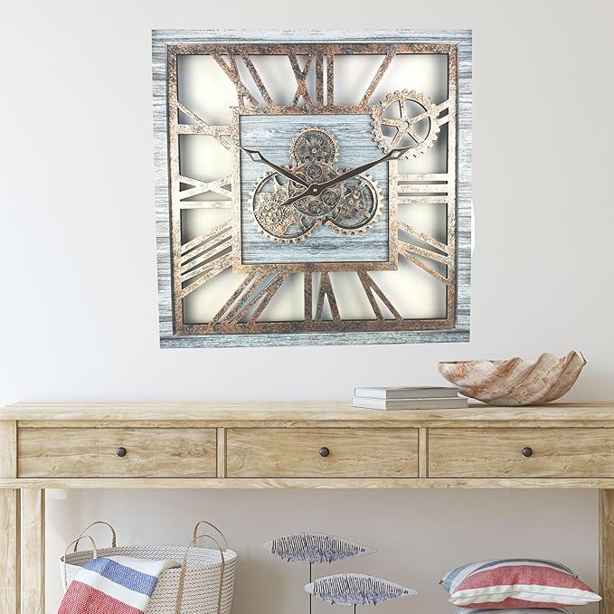 The Gears Clock 24'' Inch Square Real Moving Gear Wall Clock Vintage Industrial Oversized Rustic Farmhouse (Silver Grey)-Ruum Studio Home