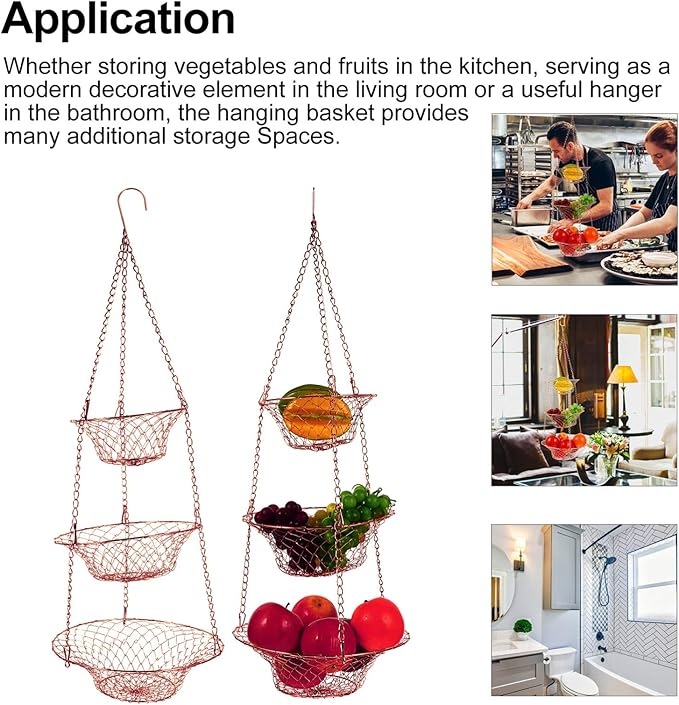 Yardwe 3 Tier Hanging Fruit Baskets Copper Wire Basket Fruit Vegetable Kitchen Storage Organizer Rustic Country Decor Round Metal Copper-Ruum Studio Home