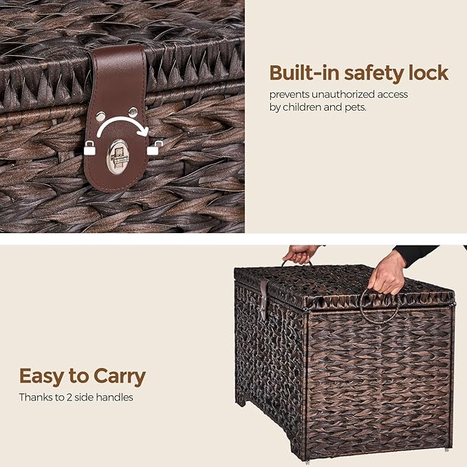 Handwoven Storage Basket with Lid, 165L Plastic Rattan Storage Bin, Leather Buckle & Metal Frame, Large Metal Ring Handles, Storage Trunk for Bedroom, Laundry Room-Ruum Studio Home