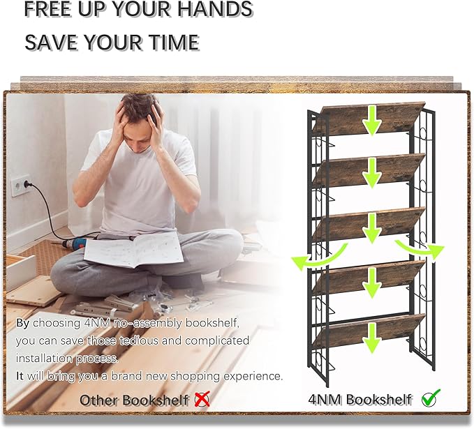 4NM No Assembly 5 Tiers Folding Bookshelf, 59.4" H Foldable Storage Shelves Vintage Bookcase Standing Racks Study Organizer Home Office - Rustic Brown Black-Ruum Studio Home