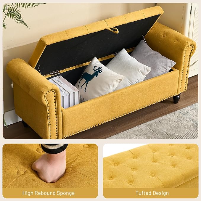 Furniliving 55” End of Bed Bench, Bedroom Bench with Button-Tufted, Large Upholstered Storage Ottoman Benches Window Bench with Storage Shoe Cabinet Bench, for Bedroom, Living Room, Linen, Yellow-Ruum Studio Home