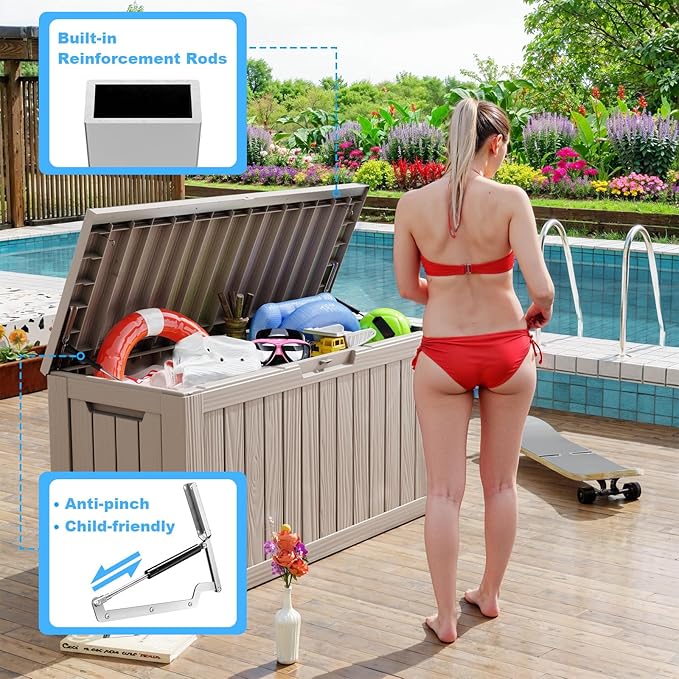 Vixzen 80 Gallon Resin Deck Box, Lockable Outdoor Storage Box for Patio Cushions Storage Furniture,Garden Tools, Pool Supplies, Weatherproof and UV Resistant- Grey-Ruum Studio Home