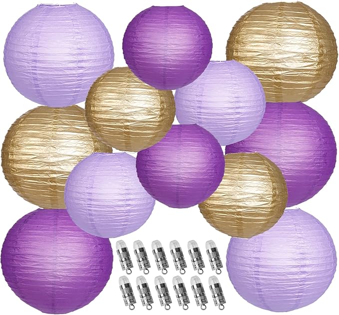 Paper Lanterns Decorative, Purple Lavender Gold Hanging Round Chinese Lanterns with Lights for Graduation Bachelorette Theme Birthday Party 12 LED Light Pack of 12-Ruum Studio Home