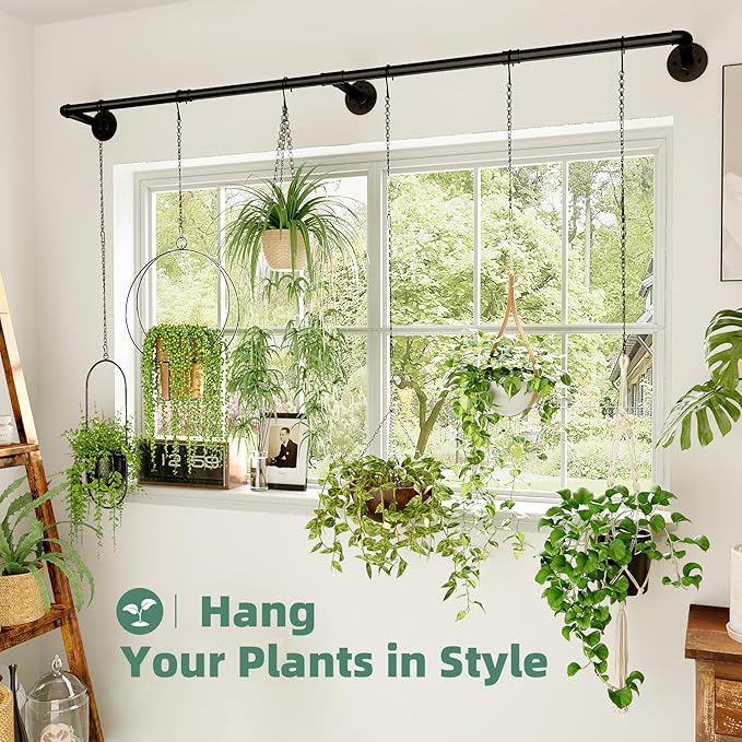 Plant Hanger Indoor with 6 Hanging Chains Hanging Planters for Indoor Plants Hanging Plant Holder Window Plant Rod Black Metal Shelves(70.8 Inch Pot not Included-Ruum Studio Home