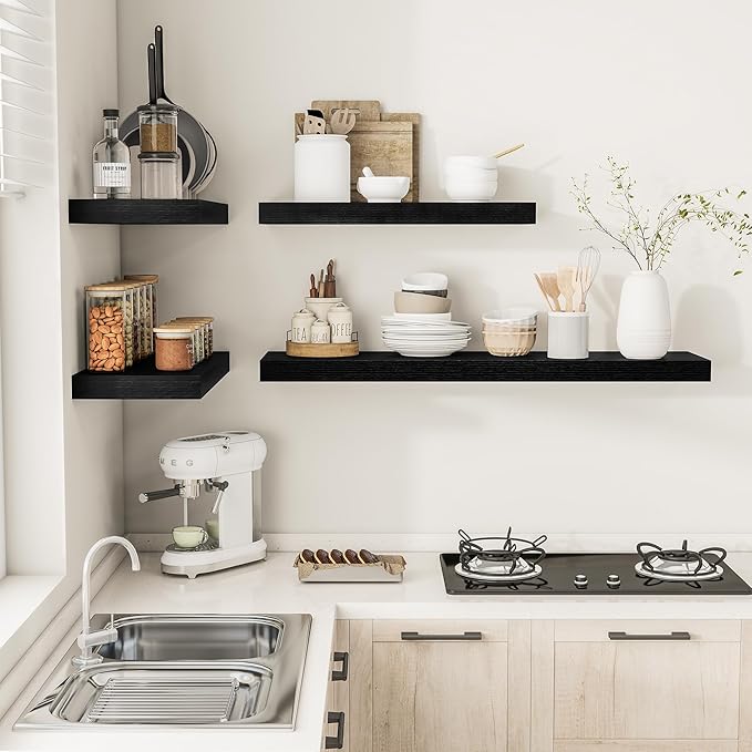 Black Floating Shelves for Wall 55 Inches Long, 12" Deep Wall Shelves 2" Thick, Heavy Duty Shelf for Bedroom, Bathroom, Living Room, Kitchen, Office, Home Decor, Modern Shelf Set of 2, 55" X 12" X 2"-Ruum Studio Home