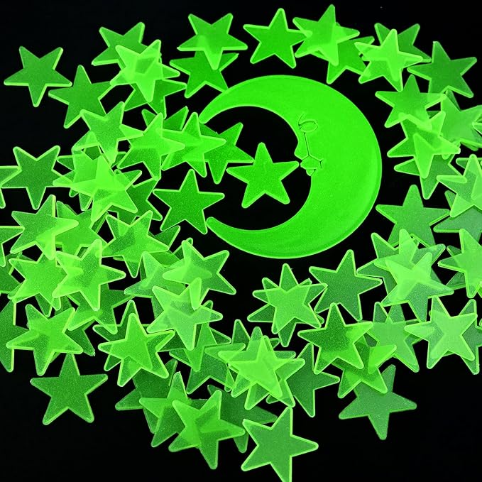 100 Stars and 1 Moon Glow in The Dark Luminous Fluorescent 3D Plastic Glow Stars Moon for Ceiling, Glowing Wall Stickers Create a Realistic Starry Sky, Room Decorations (Green)-Ruum Studio Home