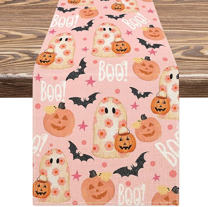 AnyDesign Halloween Table Runner Pink Spooky Ghost Pumpkin Table Cover Kitchen Dining Table Decoration Pink Halloween Table Dresser Scarves for Indoor Outdoor Home Party, 13 x 72 Inch-Ruum Studio Home