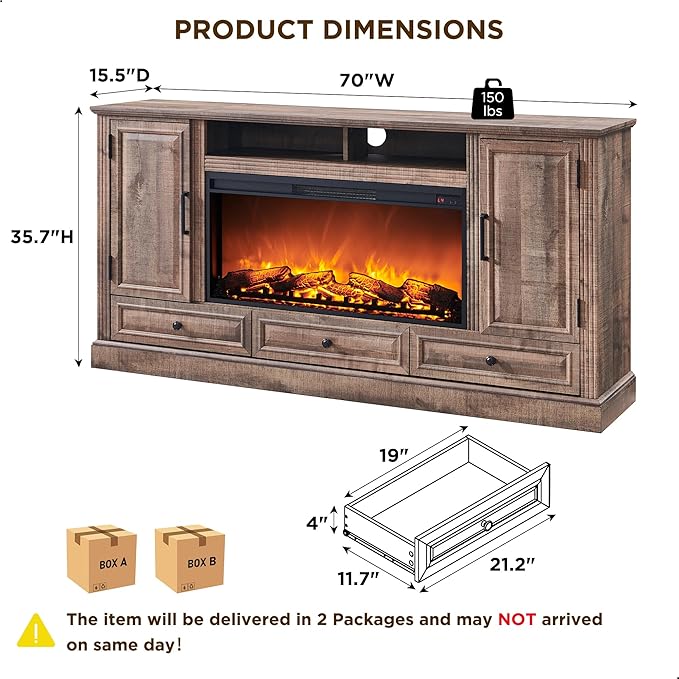 Fireplace TV Stand for 80 Inch TV, 35.7" Tall Farmhouse Entertainment Center W/36'' Electric Fireplace, Media Console with Large Storage Cabinets and Drawers for Living Room, Light Brown-Ruum Studio Home