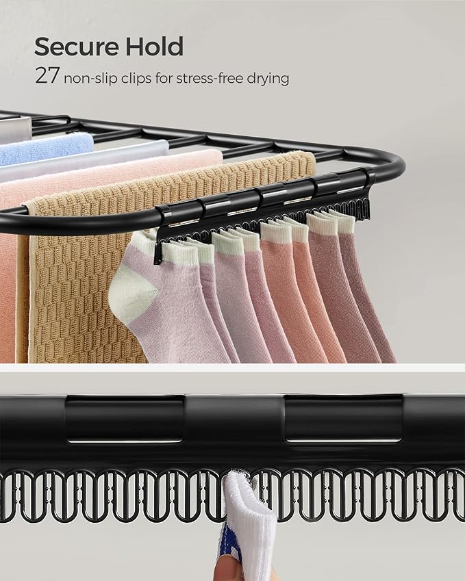 SONGMICS Clothes Drying Rack, with Sock Clips, Metal Laundry Rack, Foldable, Space-Saving, Free-Standing Airer, with 2 Height-Adjustable Gullwings, Indoor Outdoor Use, Black ULLR052B01-Ruum Studio Home