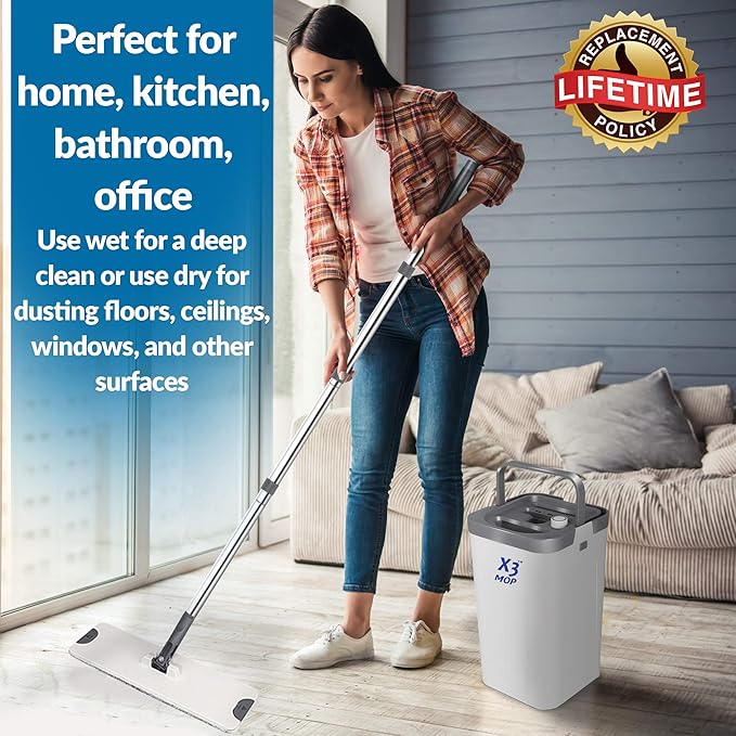 X3 Mop, Separates Dirty and Clean Water, 3-Chamber Design, Flat Mop and Bucket Set, Hands Free Home Floor Cleaning, 3 Reusable Microfiber Mop Pads Included-Ruum Studio Home