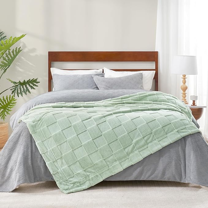 Cozy Bliss Checkered Large Faux Rabbit Fur Sage Green Twin Bed Blanket, Soft Fuzzy Fluffy Minky Furry Blankets for Couch, Bed, Adults (60 * 80 Inches Light Green)-Ruum Studio Home