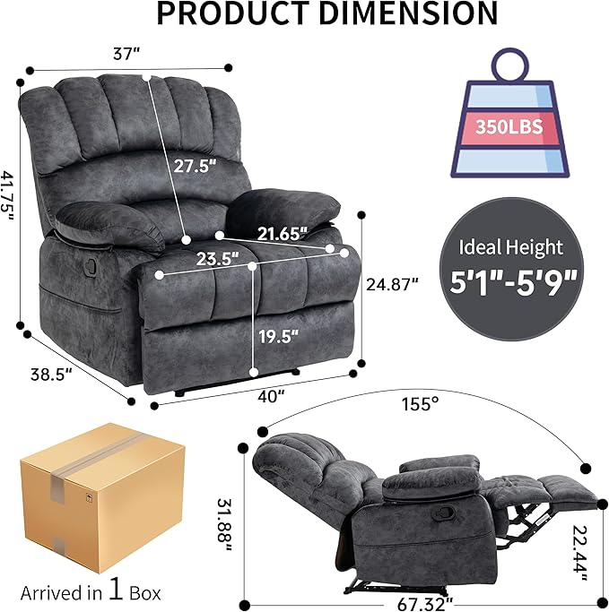 Luxlen Large Manual Recliner Chair,Soft Fabric Push Back Recliner with Overstuffed Armrest and Backrest, Living Room Single Sofa Recliners,Grey-Ruum Studio Home