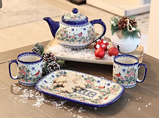 Blue Rose Polish Pottery Winter Cardinal Medium Rectangular Serving Platter-Ruum Studio Home