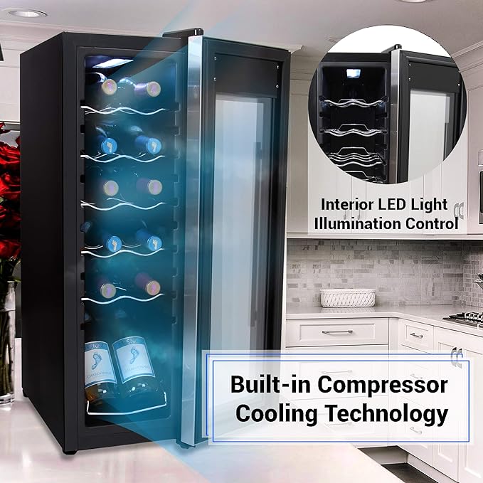 NutriChef PKCWC12 12 Bottle Cooler Refrigerator White and Red Countertop Chiller, Freestanding Compact Mini Wine Fridge with Digital Control, Stainless Steel-Ruum Studio Home