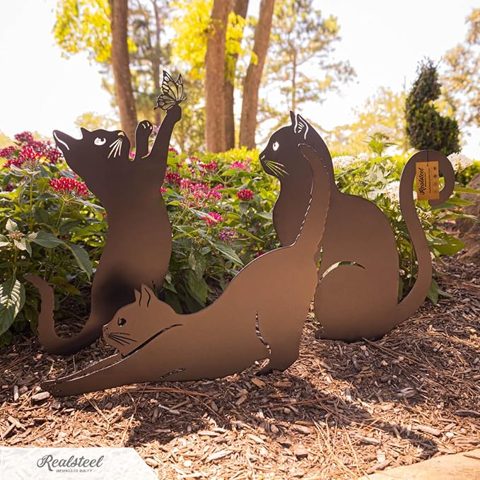 RealSteel I 3 Pack Steel Cat Garden Decor I Outdoor Yard Decorations I Gift for Cat Lovers I Lawn Ornaments and Statues I Garden Signs Decorative Outdoor - Textured Silver-Ruum Studio Home