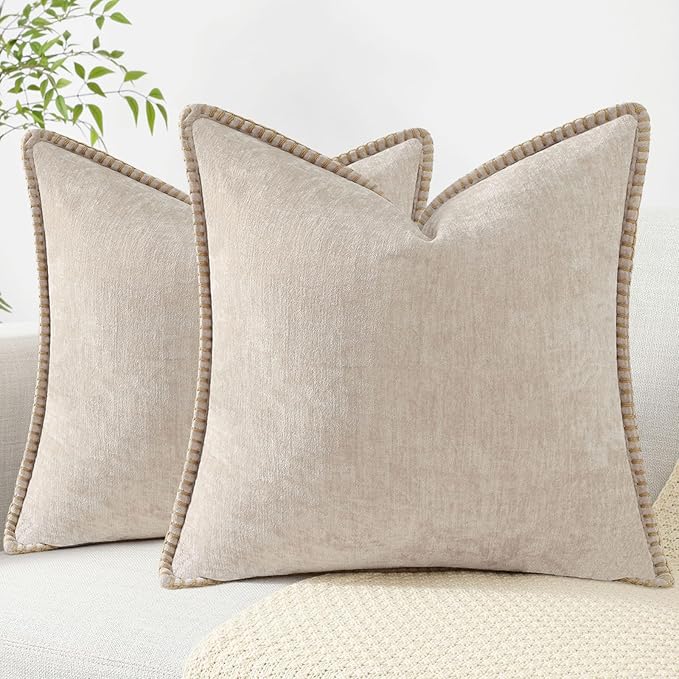 decorUhome Chenille Soft Throw Pillow Covers 26x26 Set of 2, Farmhouse Velvet Neutral Decorative Euro Pillow Covers with Stitched Edge for Couch Sofa Bed Home Decor, Beige-Ruum Studio Home