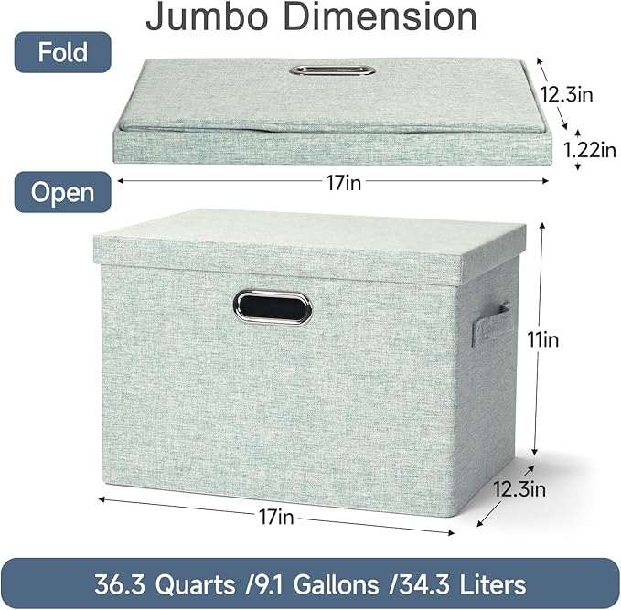 Large 17" 36 Quart Collapsible Stackable Storage Bins with Lids, 3 Packs Light Green Linen Fabric Closet Boxes with Lids, Storage Cube Baskets Container Organizers for Office (17x12x11)-Ruum Studio Home