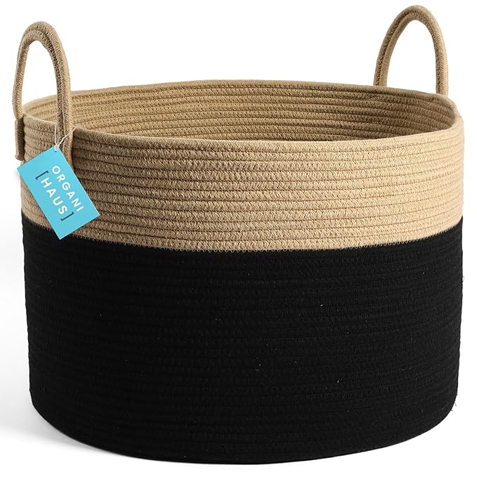 OrganiHaus Woven Laundry Basket, Large Cotton Rope Blanket Holder with Handles, Soft & Sturdy Nursery Hamper, Decorative Toy Bin for Living Room Organization 20x13 inches - Black/Honey-Ruum Studio Home