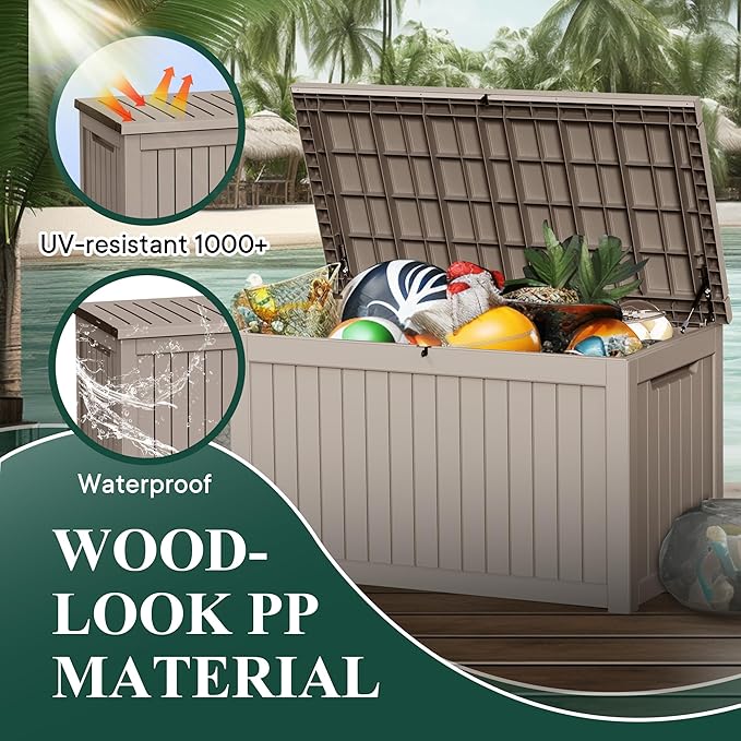 230 Gallon Outside Storage Box, Resin All Weather Storage Cabinet, Large Deck Box for Garden Tools, Patio Furniture, Sports Equipment, Light Brown-Ruum Studio Home