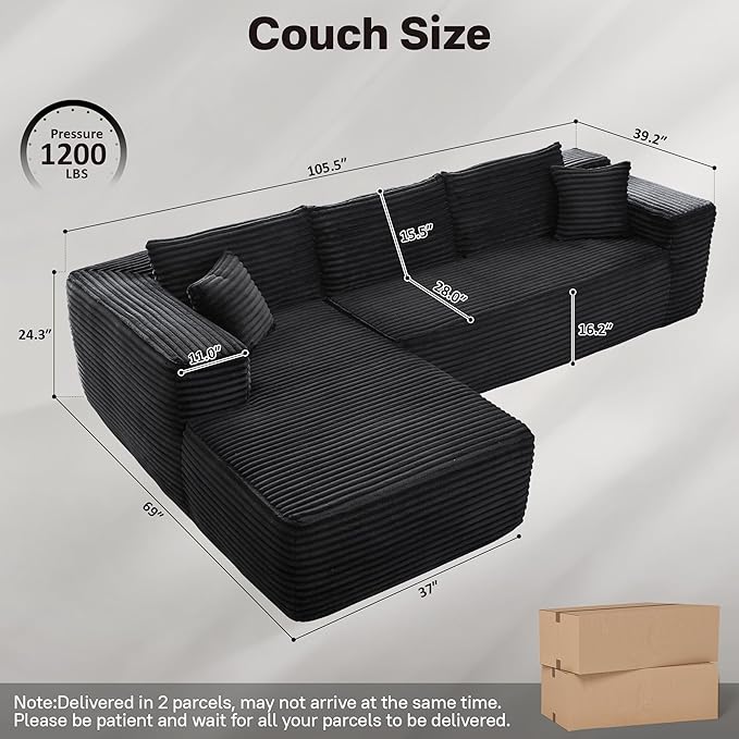 104" Cloudy Sectional L Shaped Couch for Living Room, No Assembly Required, Modular Comfy Sofa with Deep Seat, Fluffy Couch with Sleeper Chaise for Apartment Lounge (Black)-Ruum Studio Home