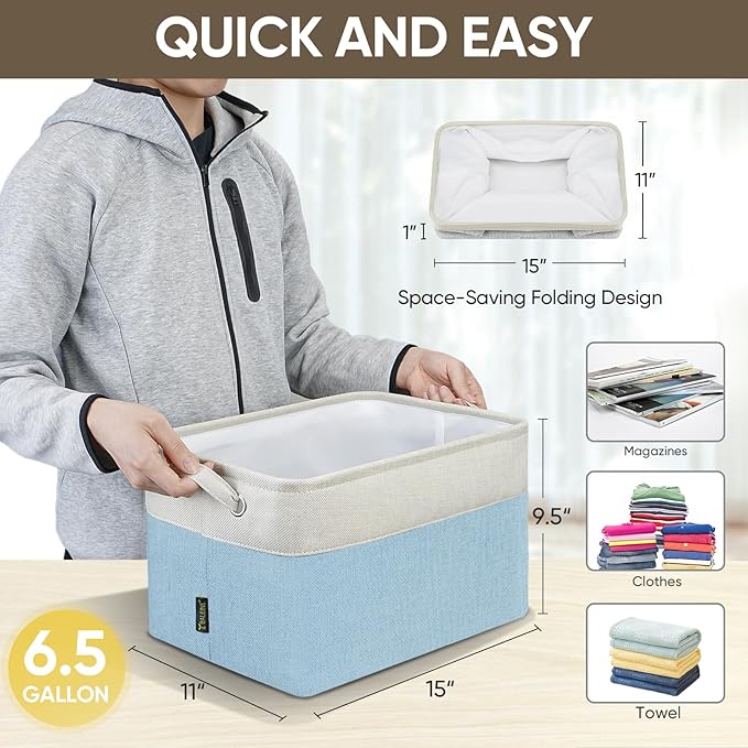 BALEINE 1 Pack Fabric Storage Bins for Shelves, Linen Storage Baskets for Organizing, Decorative Closet Bins for Clothes, Home (Skyblue, 15''x11''x9.5'')-Ruum Studio Home