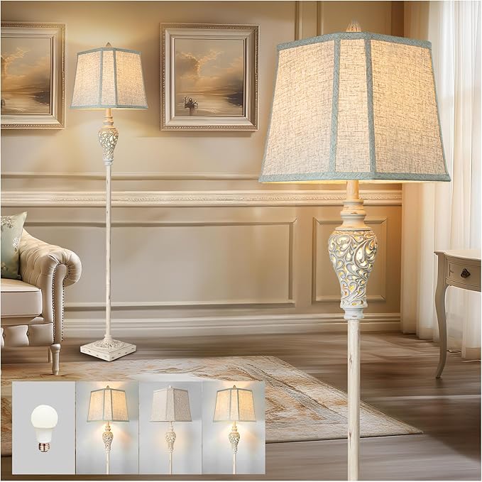 Rustic Floor Lamp 65'' Tall with Nightlight Cut Corner Linen Fabric Shade Vintage Standing Lamp for Living Room, Bedroom, Office, House (Bulb Included)-Ruum Studio Home