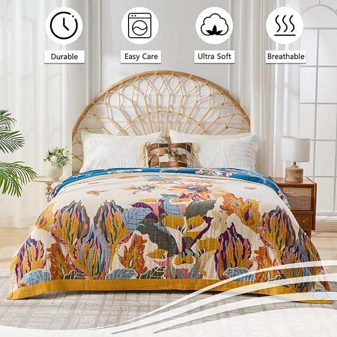 Boho Throw Blanket for Bed, Lightweight Reversible Quilt, Fall Cotton Blanket, Queen Size Boho Floral Bird Colorful Retro Quilt Ultra Soft Reversible Gauze Blanket for All Season, 80"x90"-Ruum Studio Home