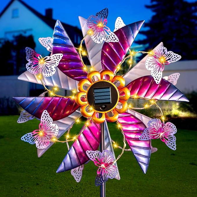Solar Wind Spinners for Yard and Garden - 61.5 Inch 360° Metal Large Wind Sculptures Outdoor Clearance Kinetic Windmills with Vine String Shining LED Lights for Patio, Lawn Garden Decoration-Ruum Studio Home